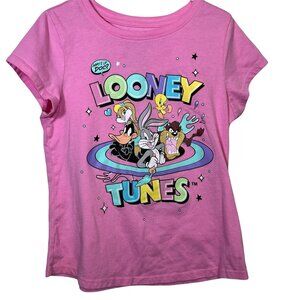 Looney Tunes Girls Large Pink Graphic Tee Bugs Bunny Daffy Taz Cartoon Shirt